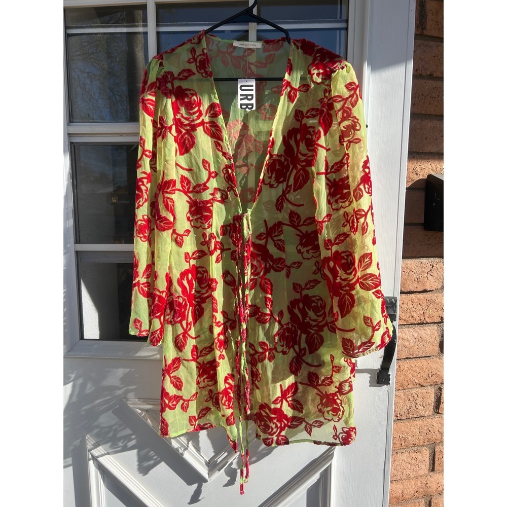 Urban Outfitters Red Rose Burnout Velvet Sheer Tie Front Cardigan Lime Green NWT